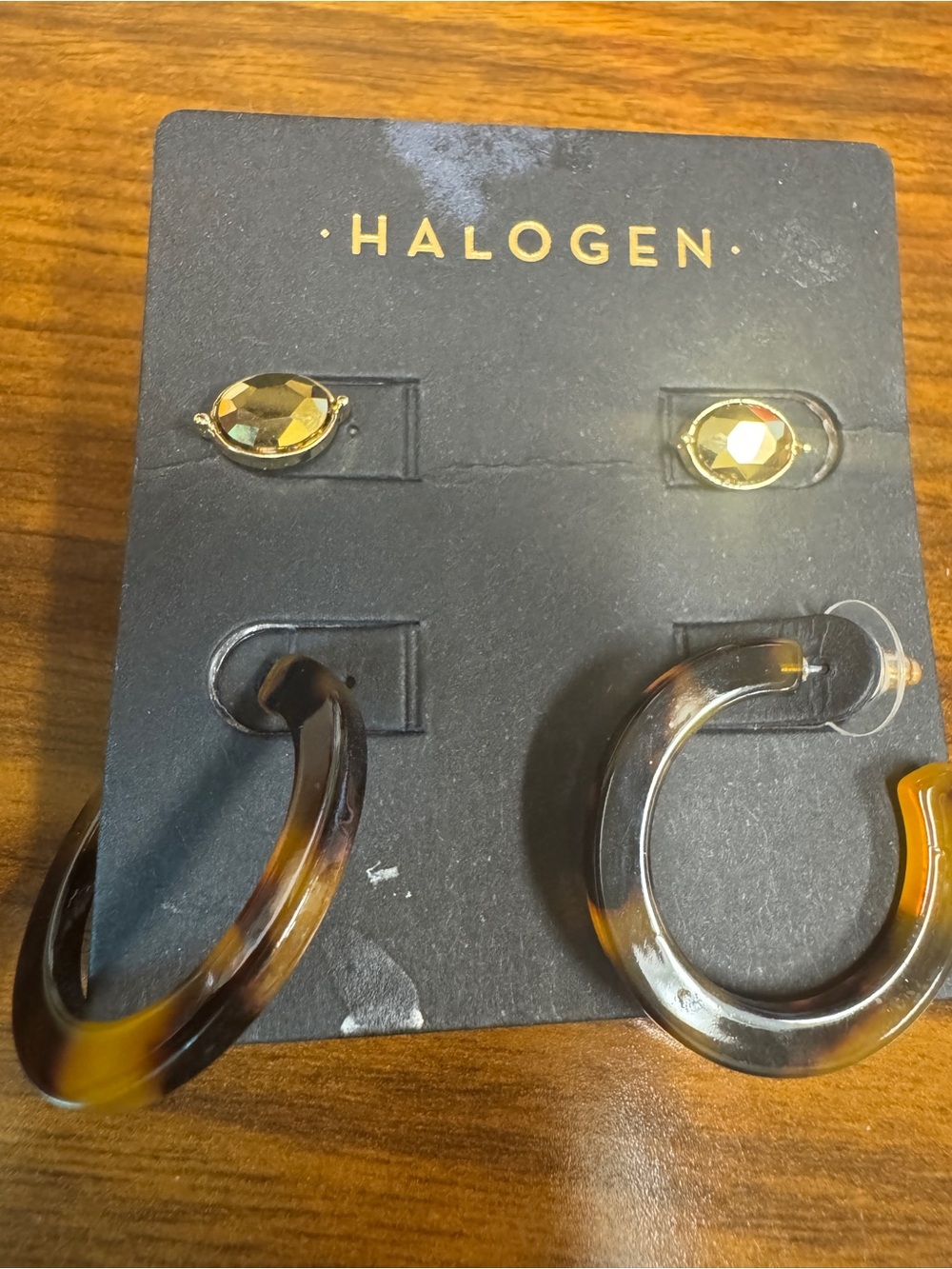 Halogen Tortoiseshell Hoop Earrings with Gold Faceted Studs